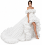 White Ruffle High Low Wedding Dress with Long Train – Off Shoulder Bridal Gown