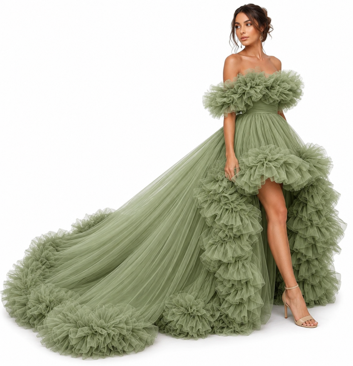 Luxury Sage Green Ruffle Tulle Ball Gown Off Shoulder Fairy Tale Wedding & Evening Dress