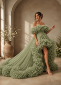Luxury Sage Green Ruffle Tulle Ball Gown Off Shoulder Fairy Tale Wedding & Evening Dress