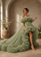 Luxury Sage Green Ruffle Tulle Ball Gown Off Shoulder Fairy Tale Wedding & Evening Dress