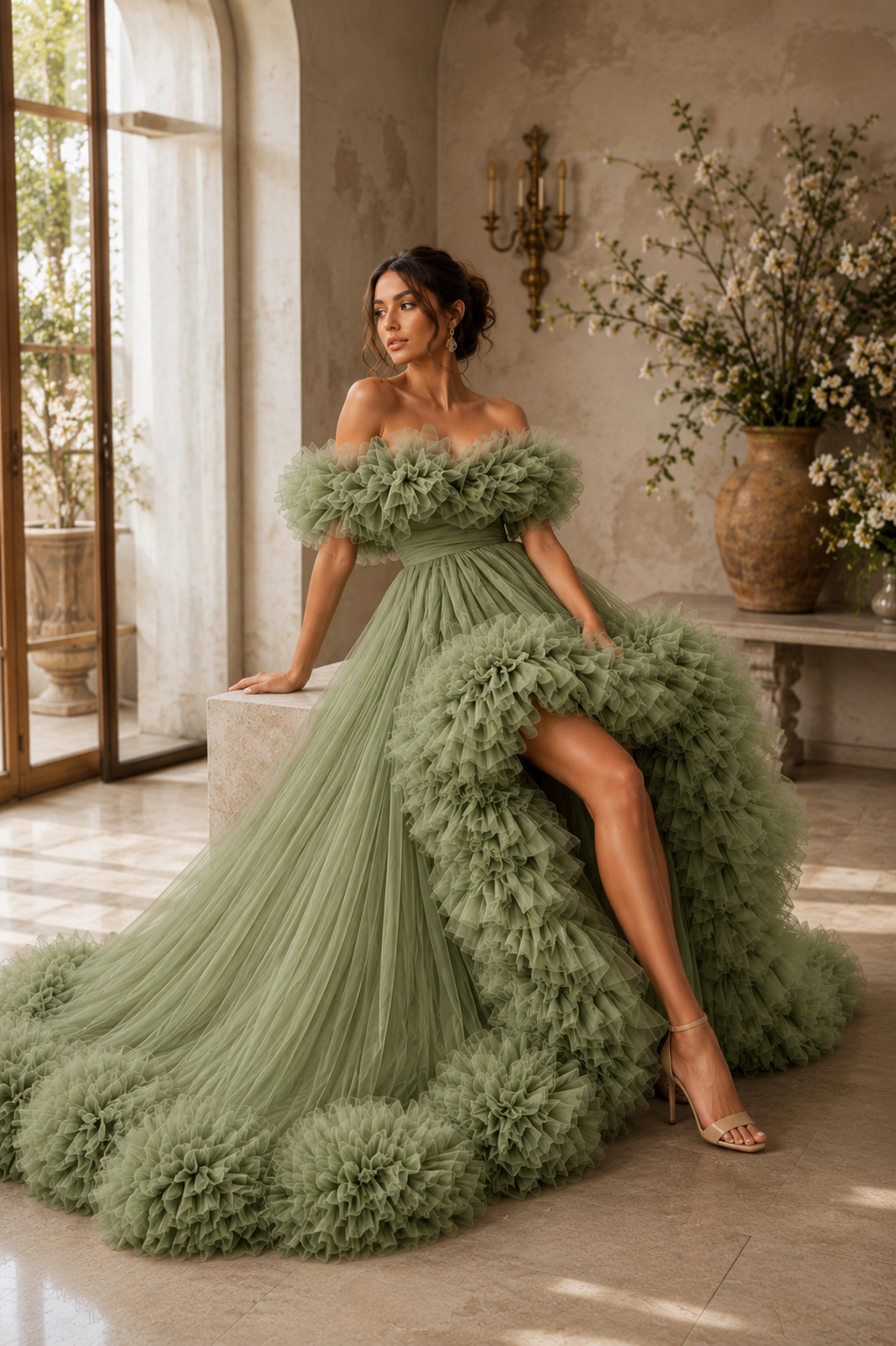 Luxury Sage Green Ruffle Tulle Ball Gown Off Shoulder Fairy Tale Wedding & Evening Dress