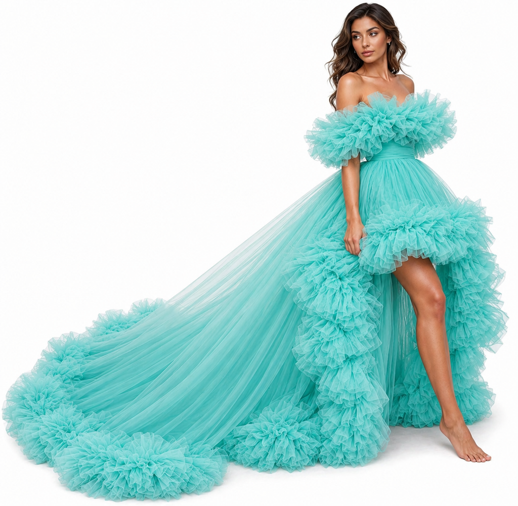 Turquoise Flying Dress with Long Train – Luxury Ruffle Photoshoot Gown for Women