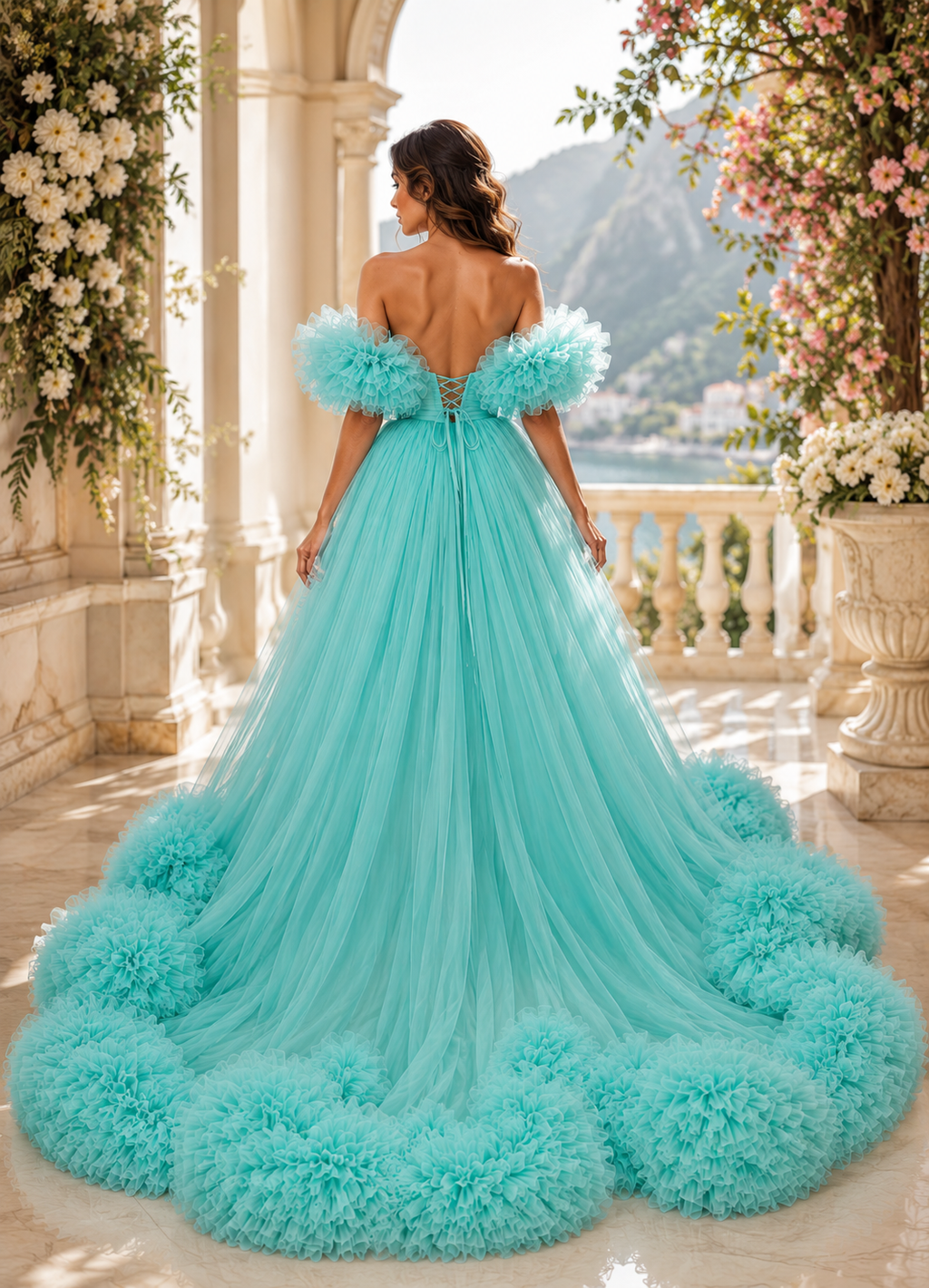 Turquoise Flying Dress with Long Train – Luxury Ruffle Photoshoot Gown for Women