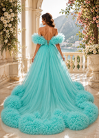 Turquoise Flying Dress with Long Train – Luxury Ruffle Photoshoot Gown for Women