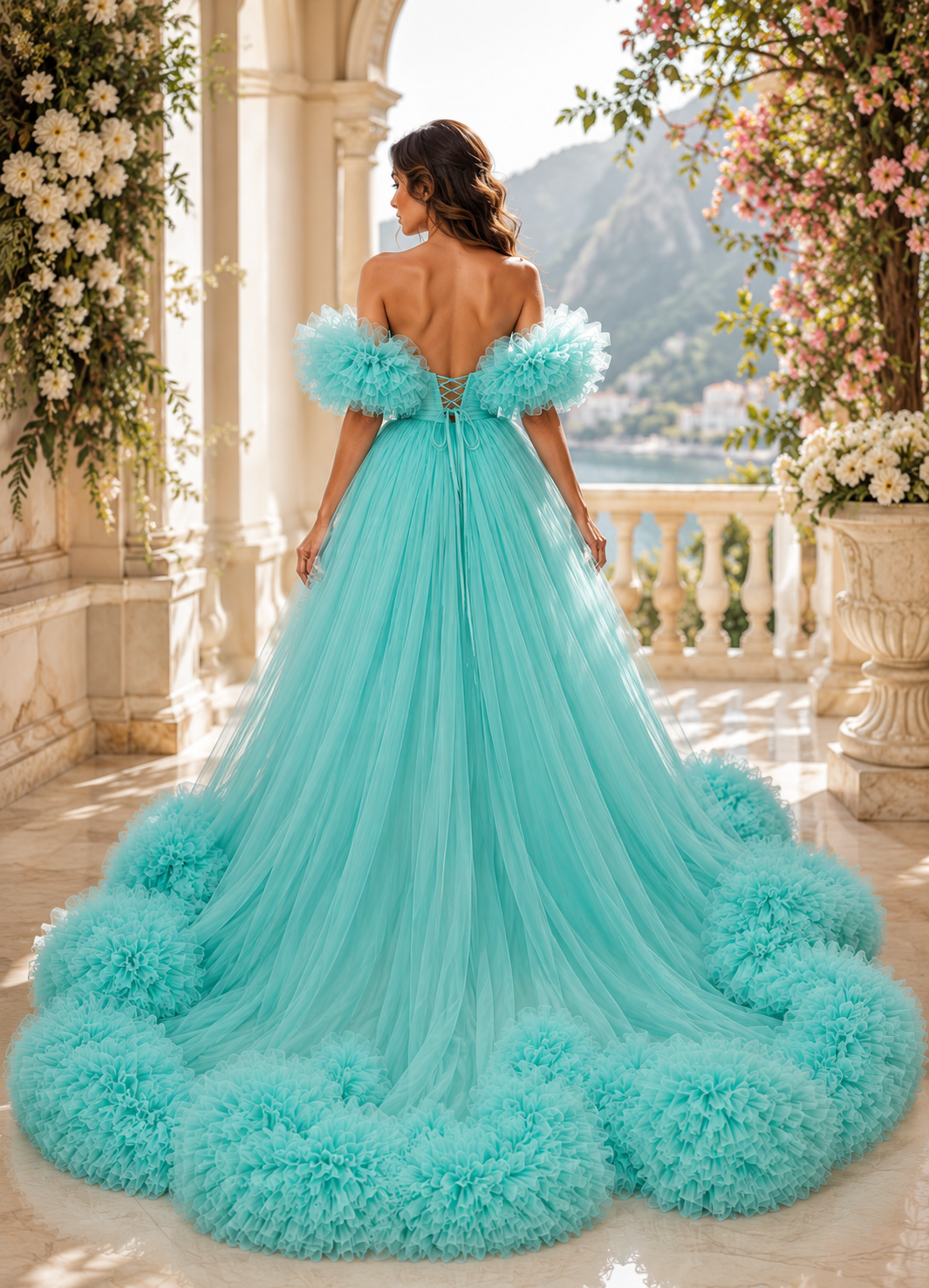 Turquoise Flying Dress with Long Train – Luxury Ruffle Photoshoot Gown for Women
