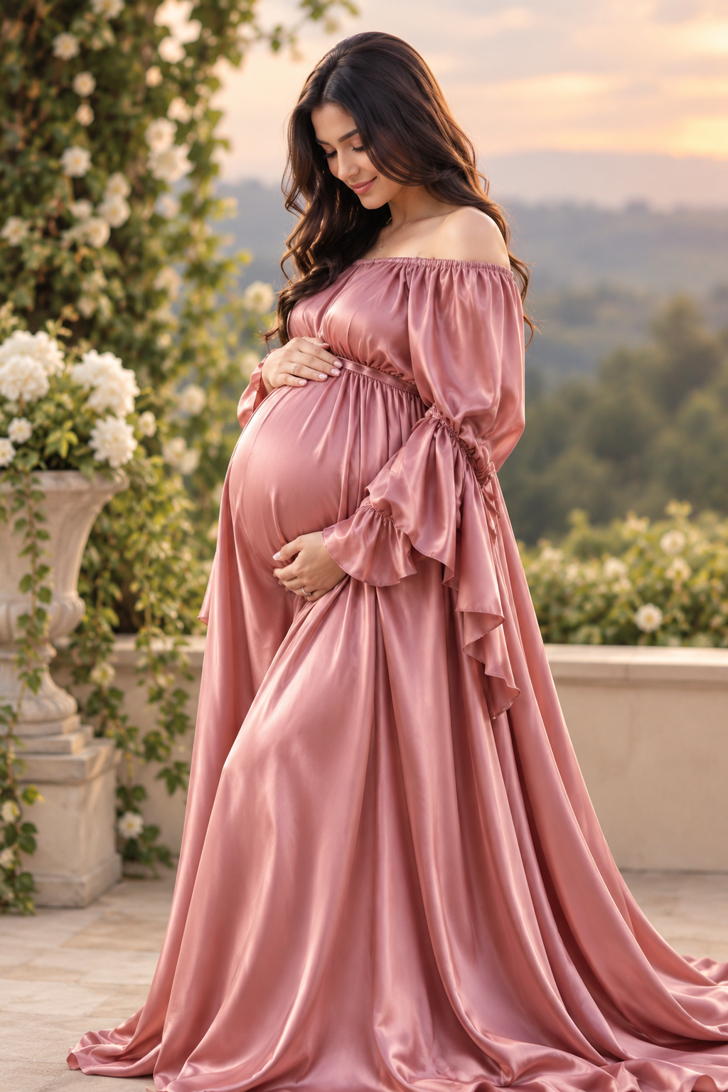 Maternity Photography Gown – Elegant Off Shoulder Blush Pink Satin Dress