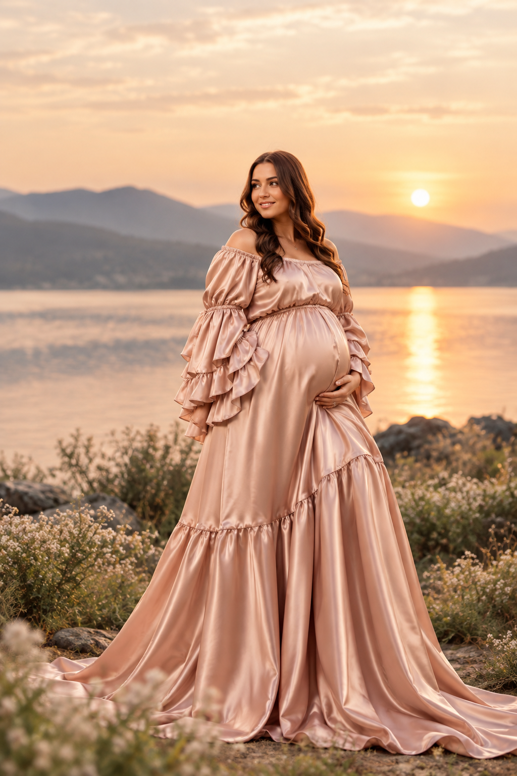 Maternity Photography Gown – Elegant Off Shoulder Blush Pink Satin Dress