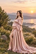 Maternity Photography Gown – Elegant Off Shoulder Blush Pink Satin Dress