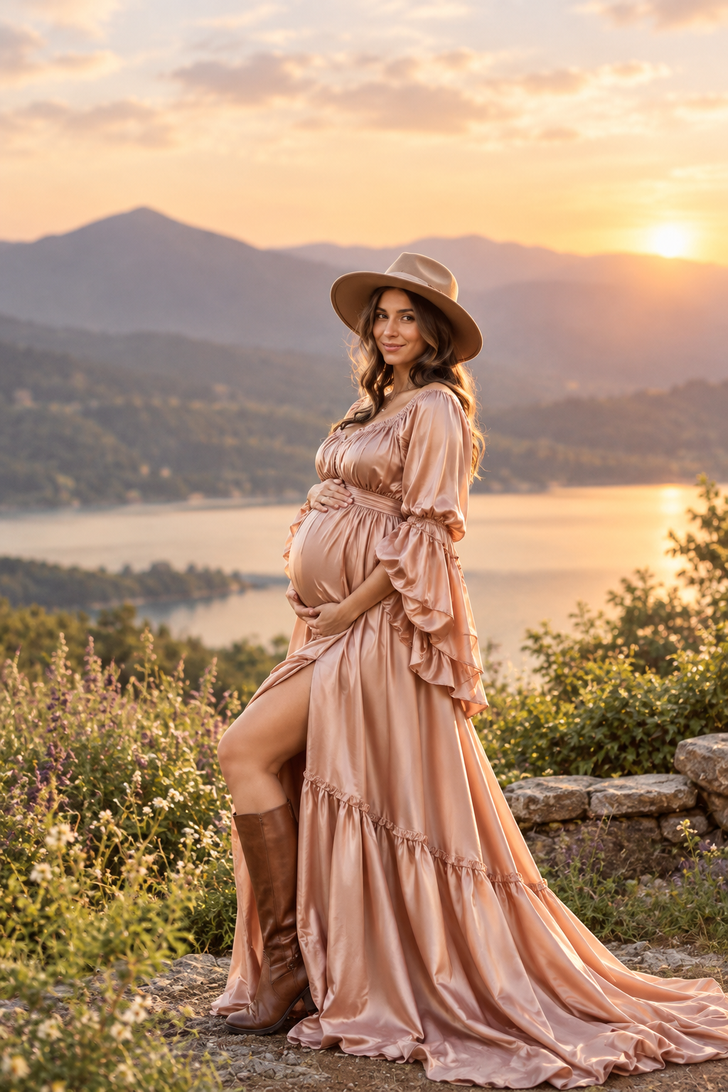 Maternity Photography Gown – Elegant Off Shoulder Blush Pink Satin Dress