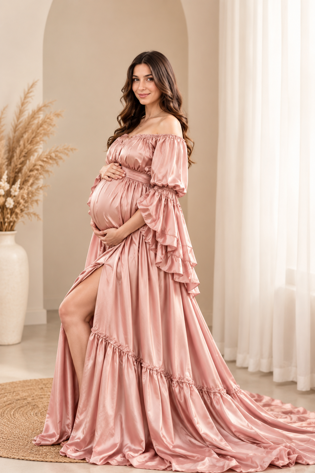 Maternity Photography Gown – Elegant Off Shoulder Blush Pink Satin Dress