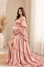 Maternity Photography Gown – Elegant Off Shoulder Blush Pink Satin Dress