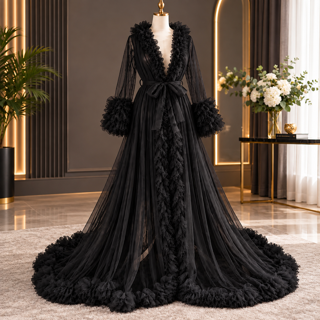Tulle Ruffle Cape Dress for Women | Ruffle Trim Long Sleeve Evening Dress
