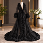 Tulle Ruffle Cape Dress for Women | Ruffle Trim Long Sleeve Evening Dress
