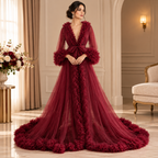 Tulle Ruffle Cape Dress for Women | Ruffle Trim Long Sleeve Evening Dress