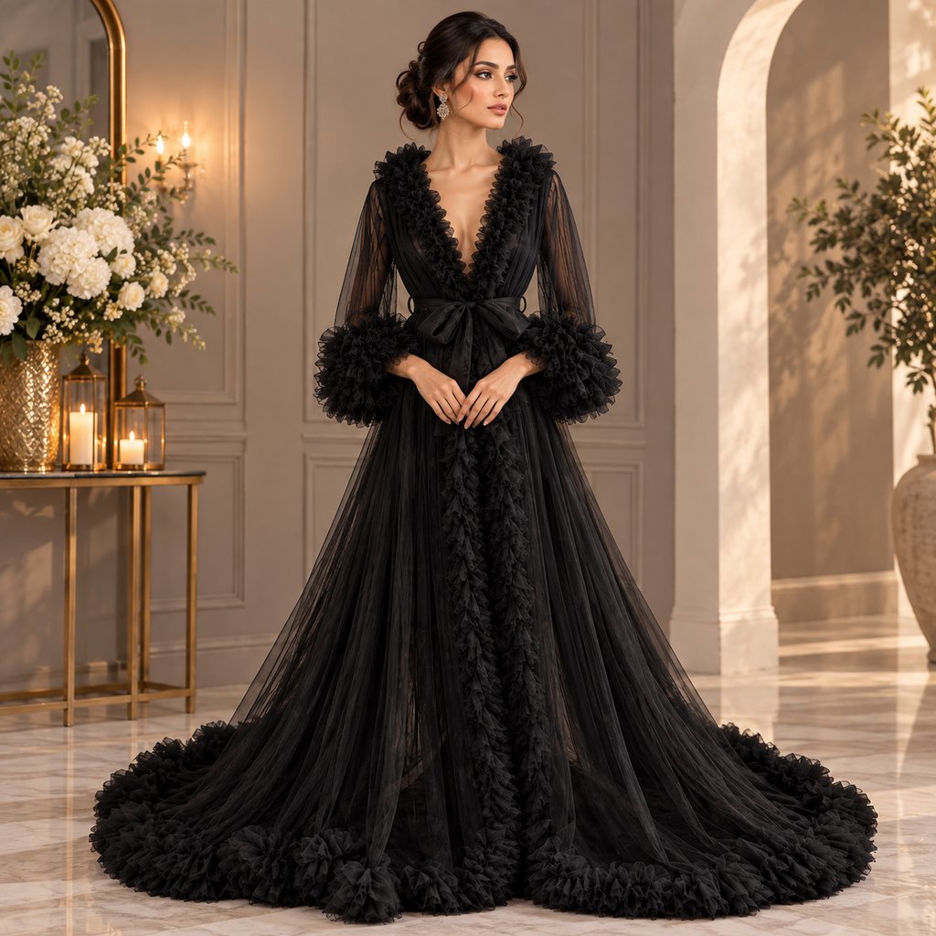 Tulle Ruffle Cape Dress for Women | Ruffle Trim Long Sleeve Evening Dress