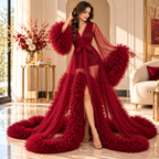 Tulle Robe Gown with Ruffle Sleeves & Long Train Elegant Formal Dress