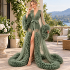 Tulle Robe Gown with Ruffle Sleeves & Long Train Elegant Formal Dress