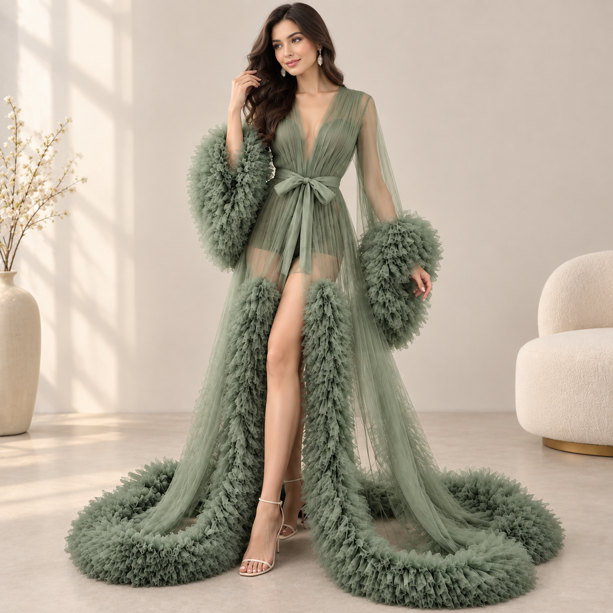 Tulle Robe Gown with Ruffle Sleeves & Long Train Elegant Formal Dress