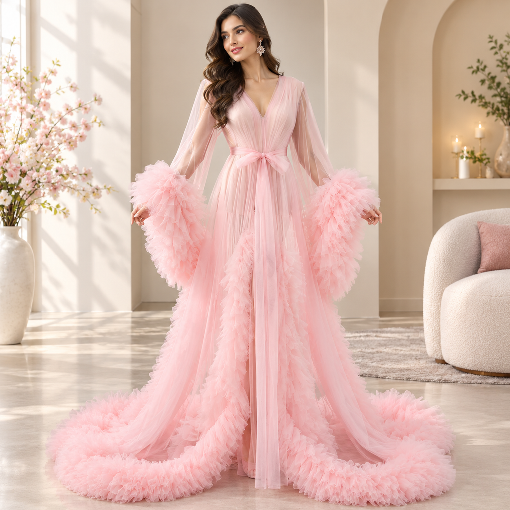 Tulle Robe Gown with Ruffle Sleeves & Long Train Elegant Formal Dress