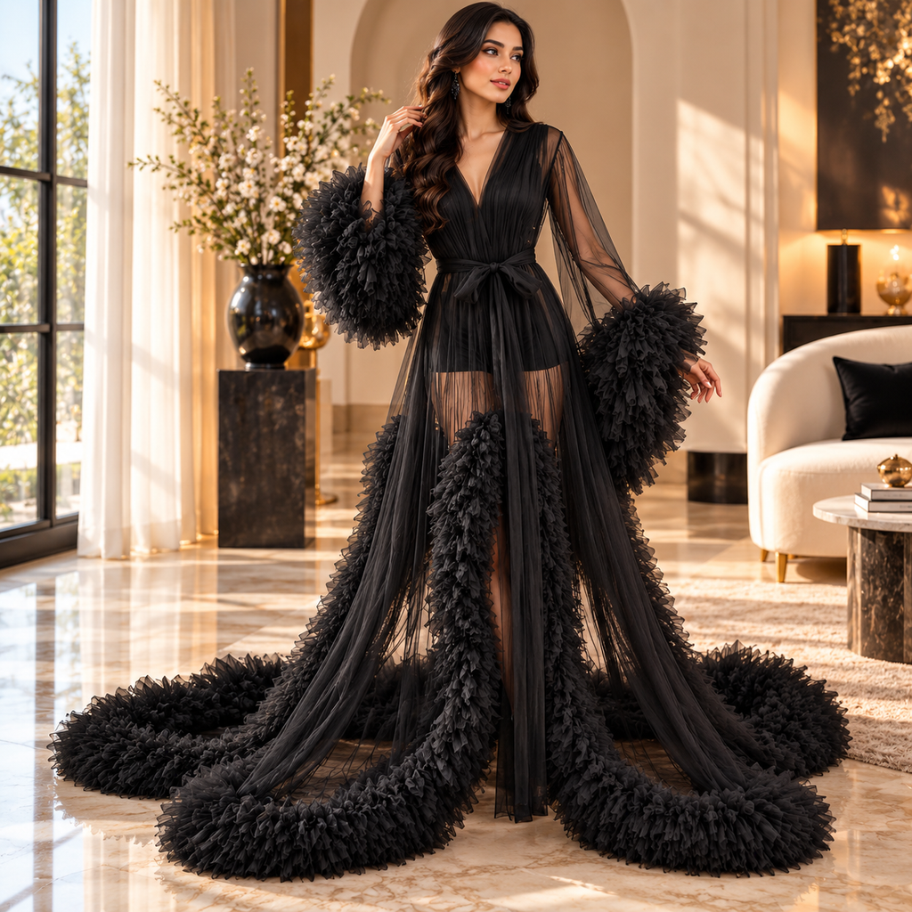 Tulle Robe Gown with Ruffle Sleeves & Long Train Elegant Formal Dress