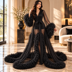 Tulle Robe Gown with Ruffle Sleeves & Long Train Elegant Formal Dress