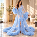 Tulle Robe Gown with Ruffle Sleeves & Long Train Elegant Formal Dress
