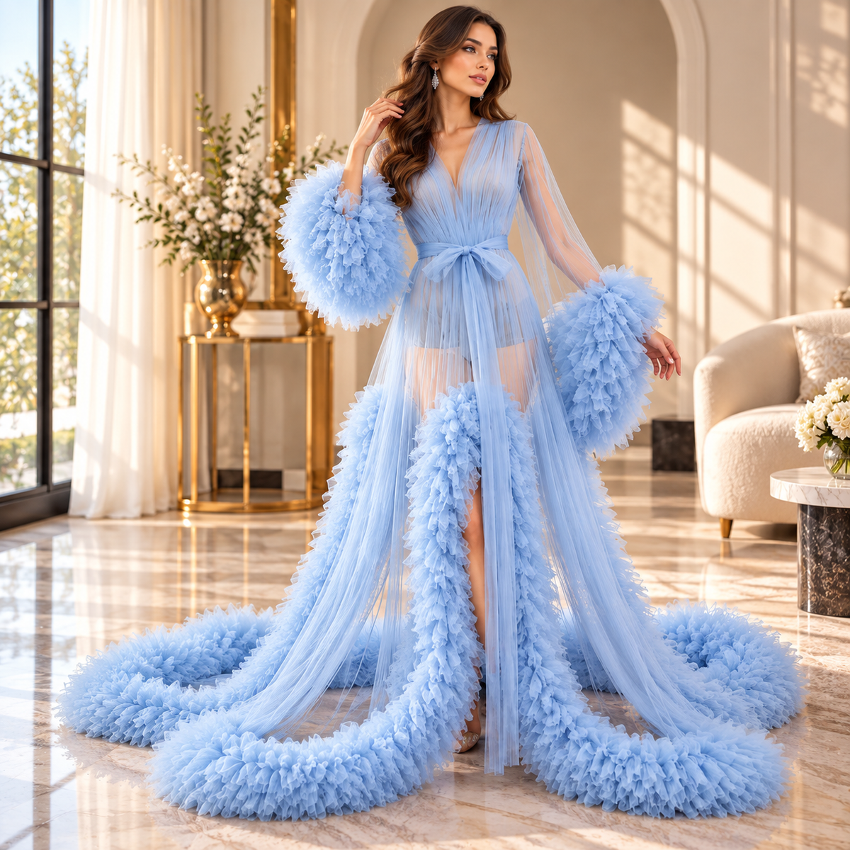 Tulle Robe Gown with Ruffle Sleeves & Long Train Elegant Formal Dress