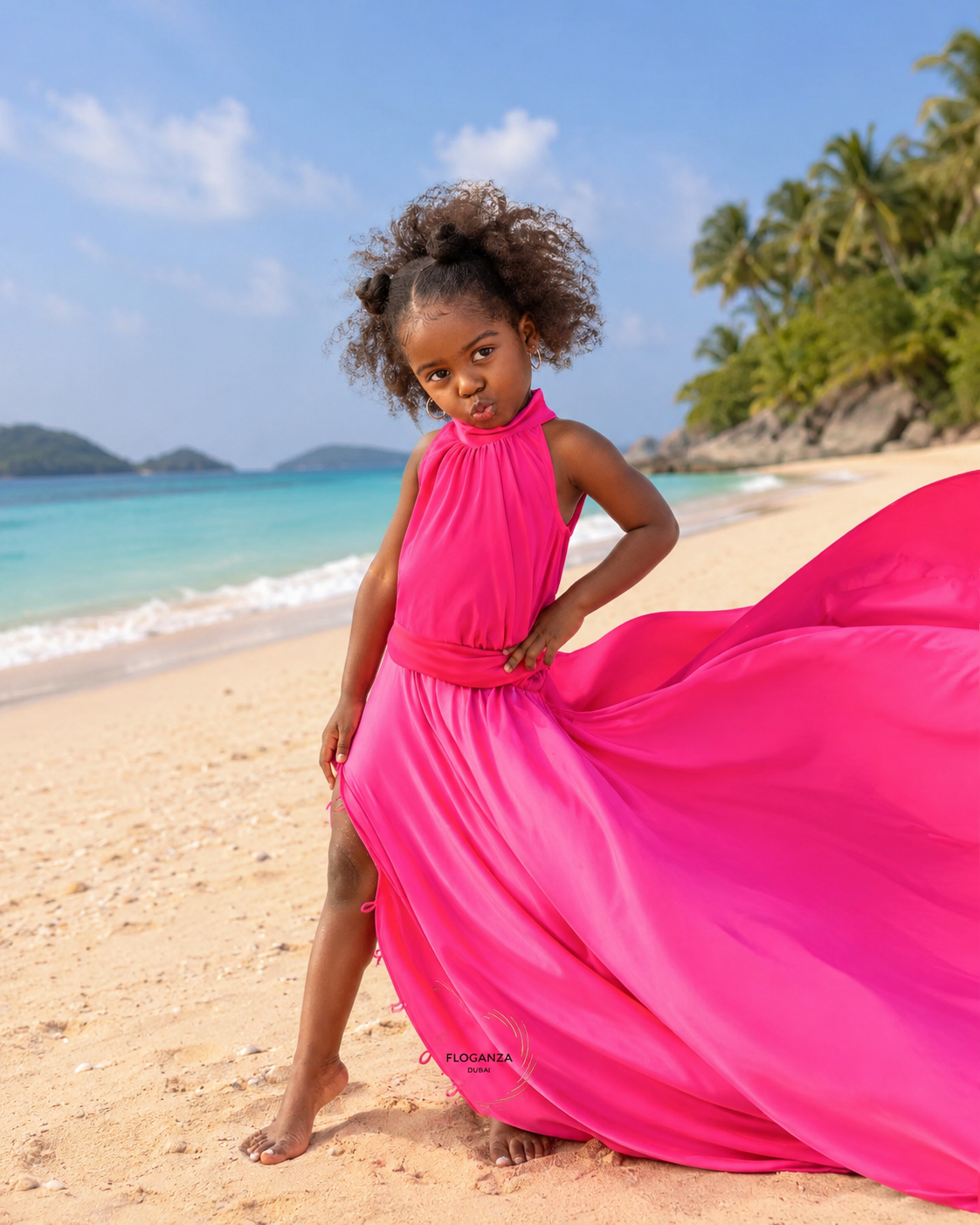 Hot Pink Girls Flying Dress – Luxury Long Train Birthday & Photoshoot Gown