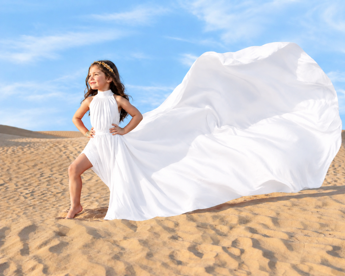 Women’s White Greek Goddess Maxi Dress with Flowing Train