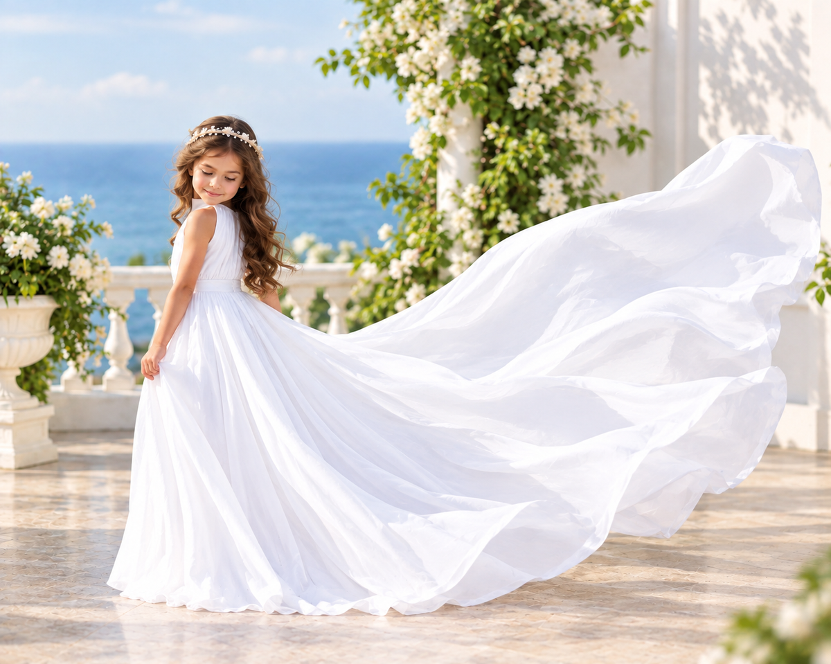 Women’s White Greek Goddess Maxi Dress with Flowing Train