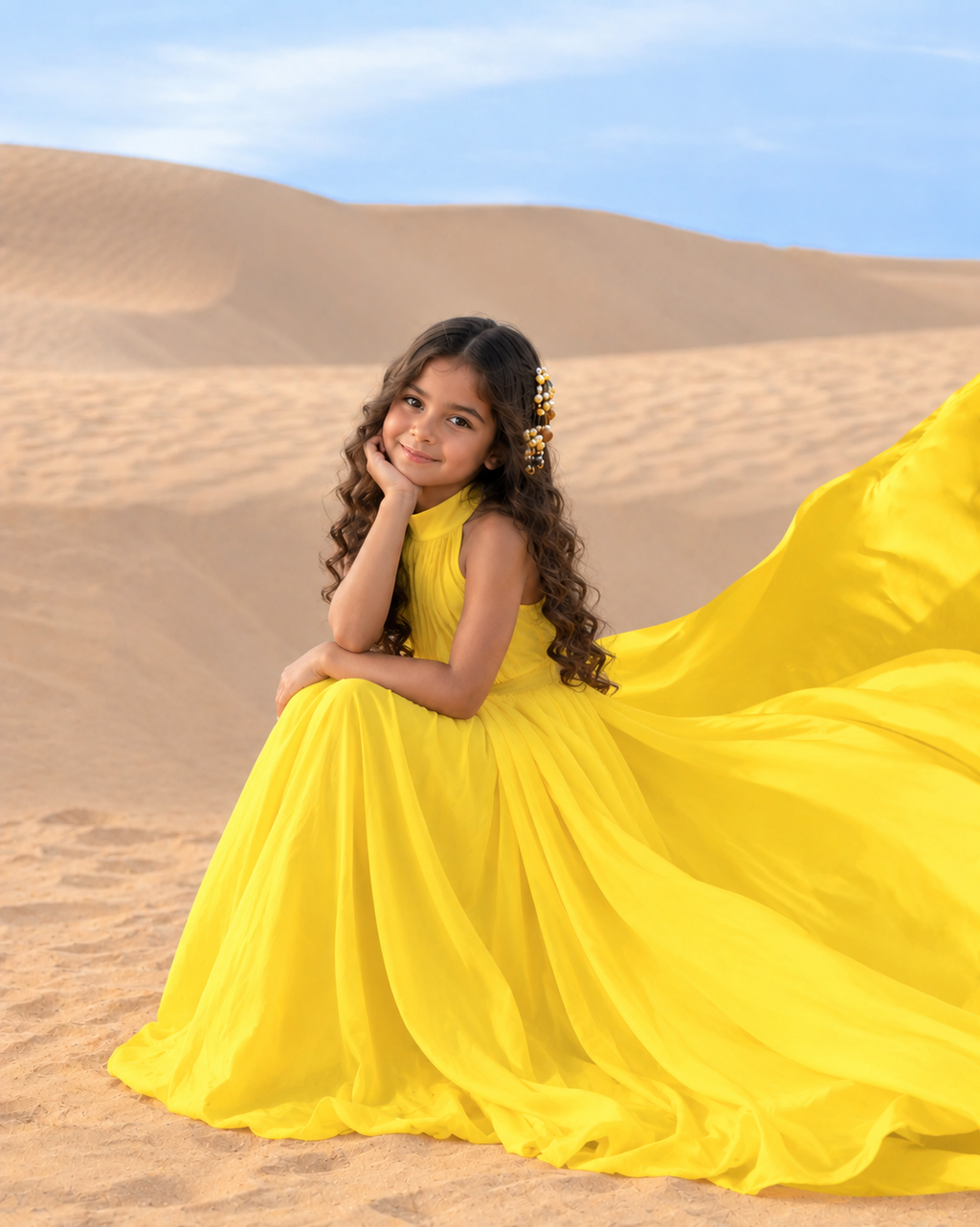 Yellow Kids Flying Dress – Girls Long Flowing Gown for Photoshoot