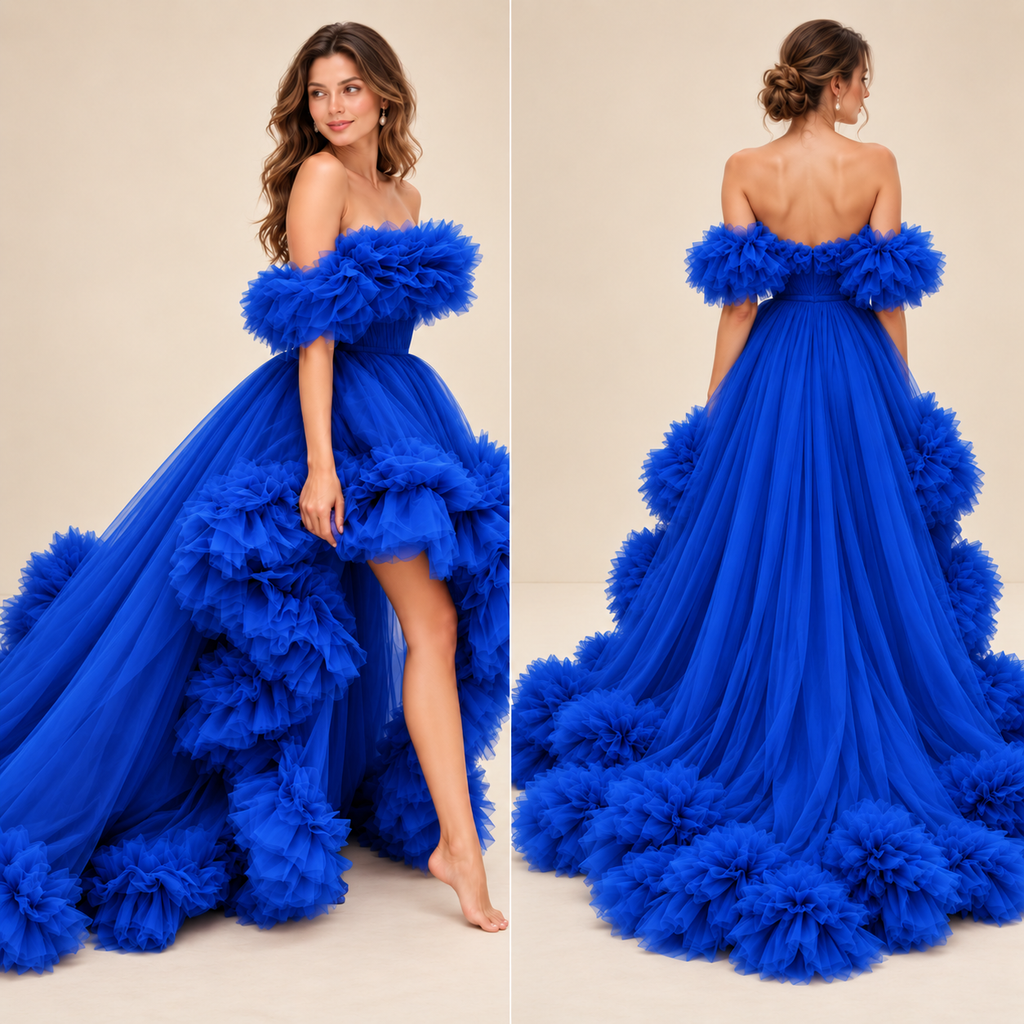 Royal Blue Ruffle Tulle Gown – Off Shoulder Long Train Photoshoot Dress