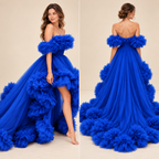 Royal Blue Ruffle Tulle Gown – Off Shoulder Long Train Photoshoot Dress