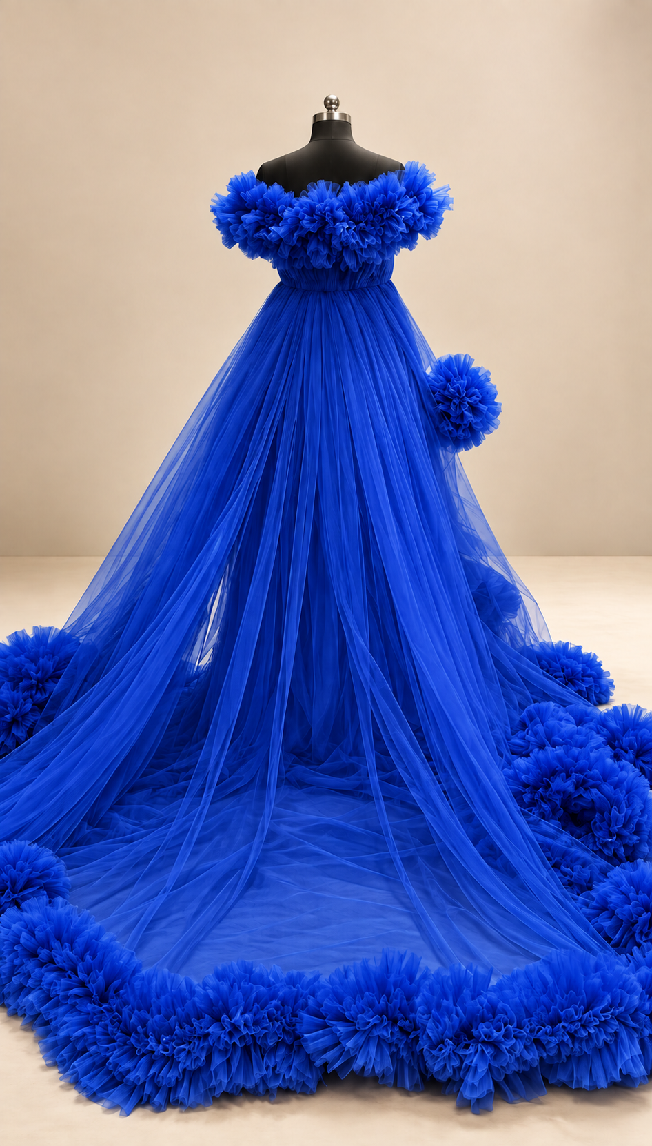 Royal Blue Ruffle Tulle Gown – Off Shoulder Long Train Photoshoot Dress