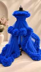 Royal Blue Ruffle Tulle Gown – Off Shoulder Long Train Photoshoot Dress
