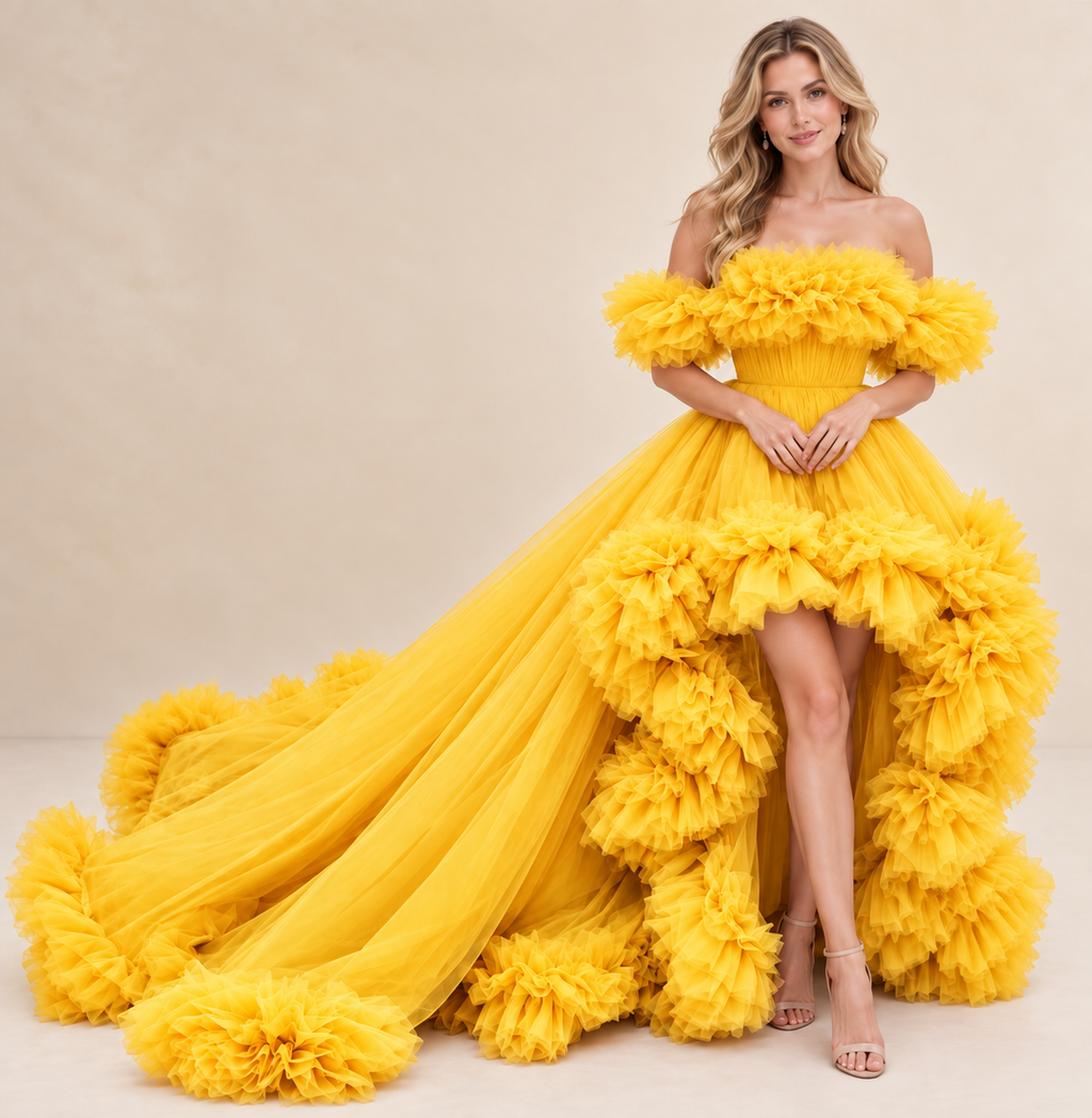 Women’s Yellow Off-Shoulder Ruffle Gown with Dramatic Long Train