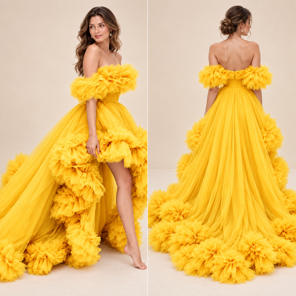 Women’s Yellow Off-Shoulder Ruffle Gown with Dramatic Long Train