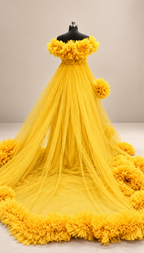 Women’s Yellow Off-Shoulder Ruffle Gown with Dramatic Long Train
