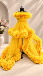 Women’s Yellow Off-Shoulder Ruffle Gown with Dramatic Long Train