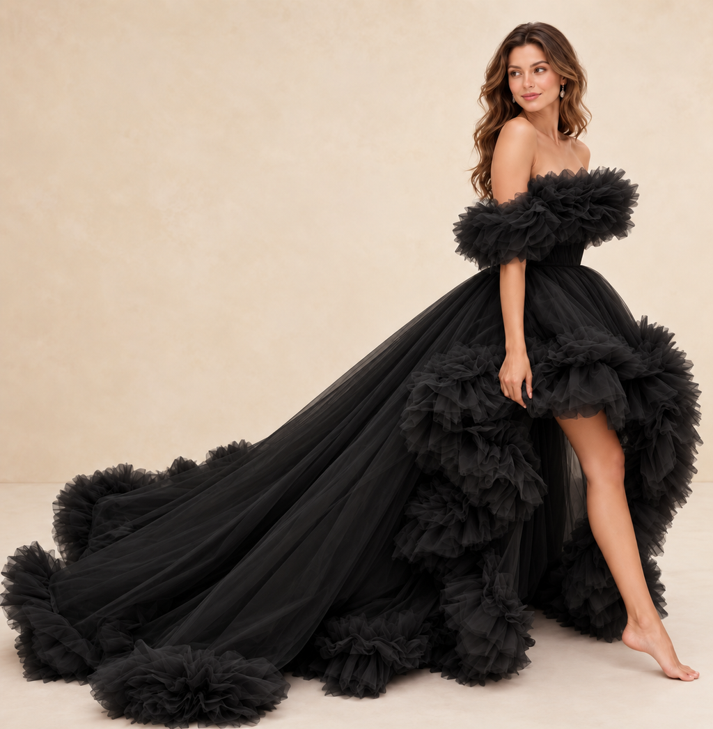 Women’s Black Ruffle Off-Shoulder Gown with Dramatic Long Train