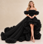 Women’s Black Ruffle Off-Shoulder Gown with Dramatic Long Train