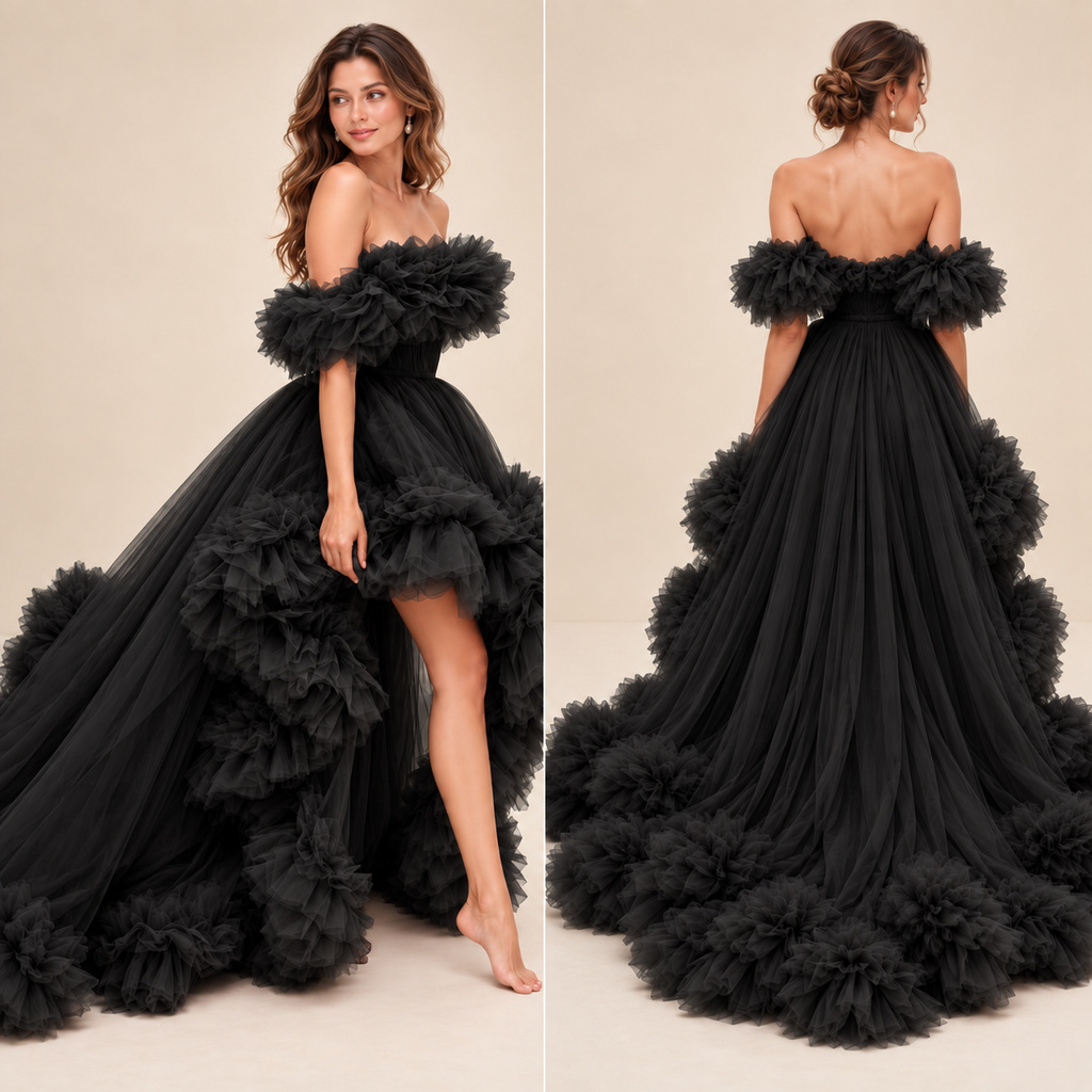 Women’s Black Ruffle Off-Shoulder Gown with Dramatic Long Train
