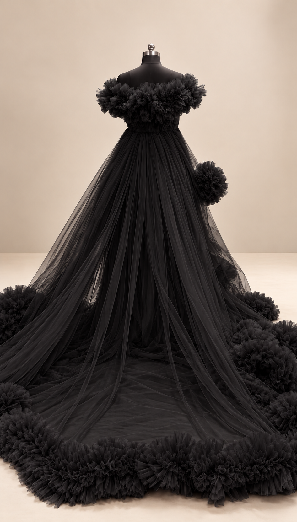 Women’s Black Ruffle Off-Shoulder Gown with Dramatic Long Train