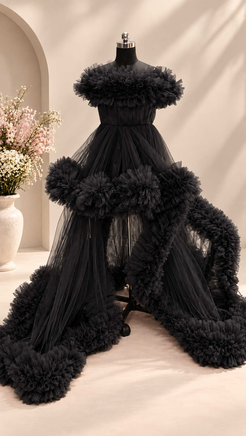 Women’s Black Ruffle Off-Shoulder Gown with Dramatic Long Train