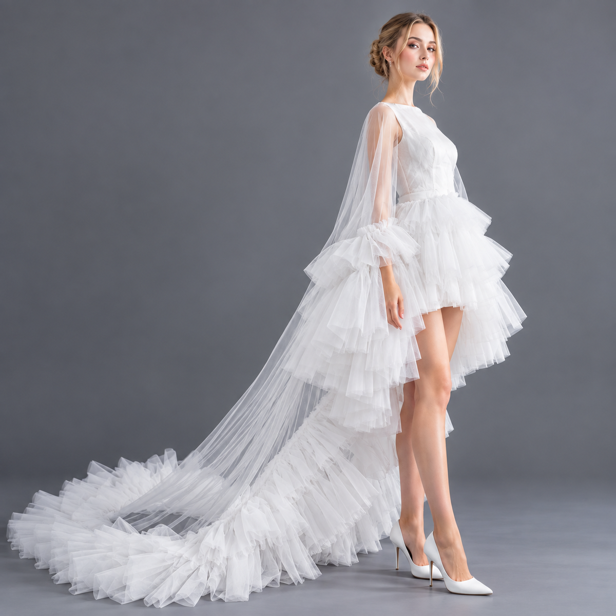 White Tulle Bridal Gown with Ruffle Sleeves & Long Train | Wedding Dress