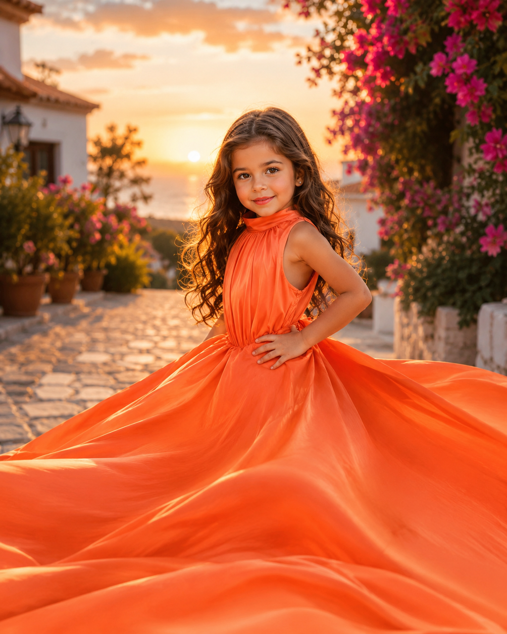 Girls Flying Dress | Kids Orange Princess Maxi Dress for Photoshoot