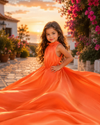 Girls Flying Dress | Kids Orange Princess Maxi Dress for Photoshoot