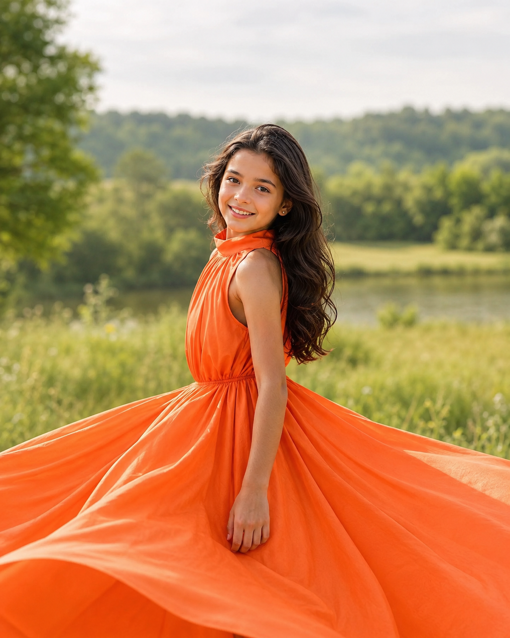 Girls Flying Dress | Kids Orange Princess Maxi Dress for Photoshoot