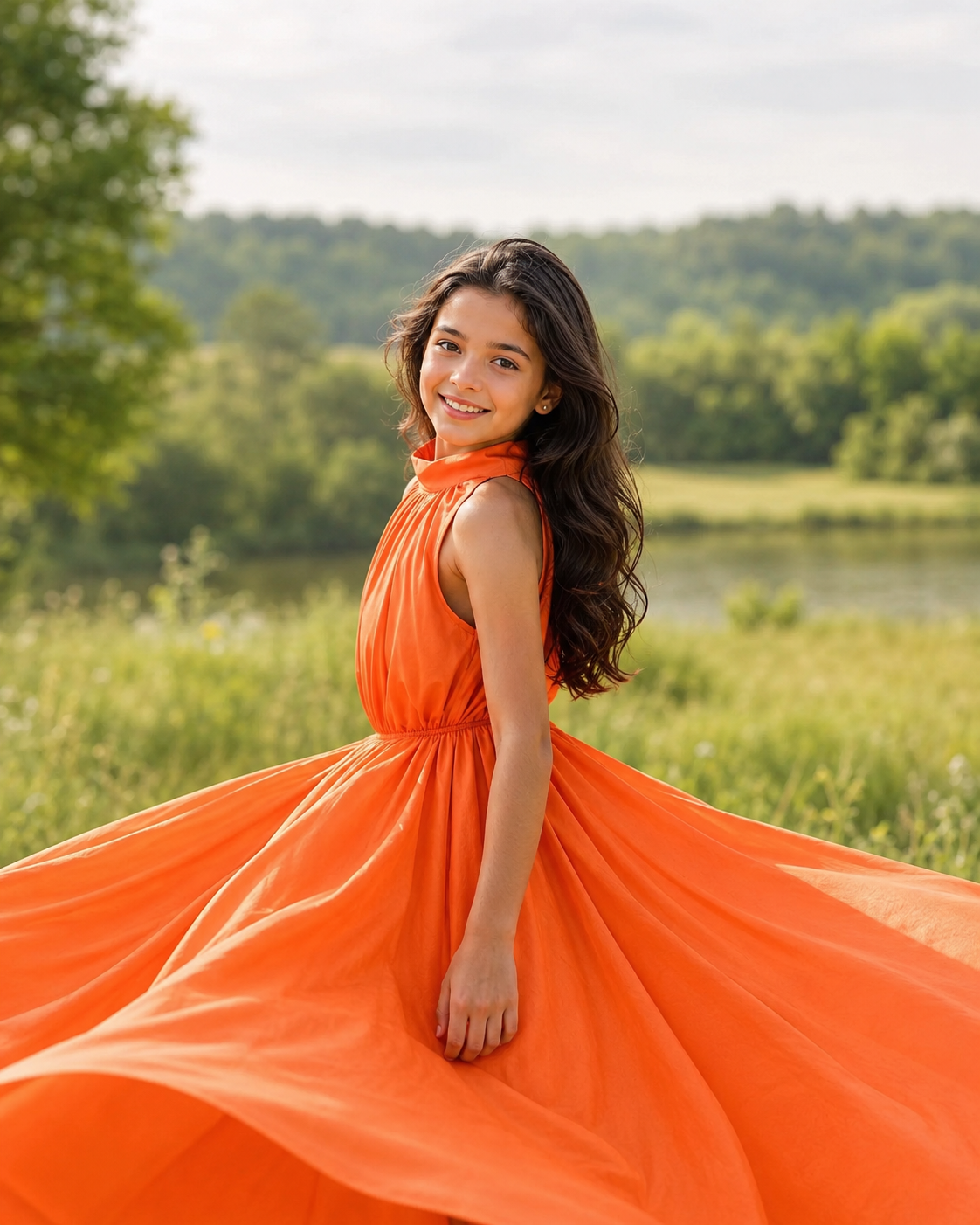 Girls Flying Dress | Kids Orange Princess Maxi Dress for Photoshoot