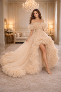 Champagne Floral Tulle Ball Gown – Off Shoulder Ruffle Evening Dress